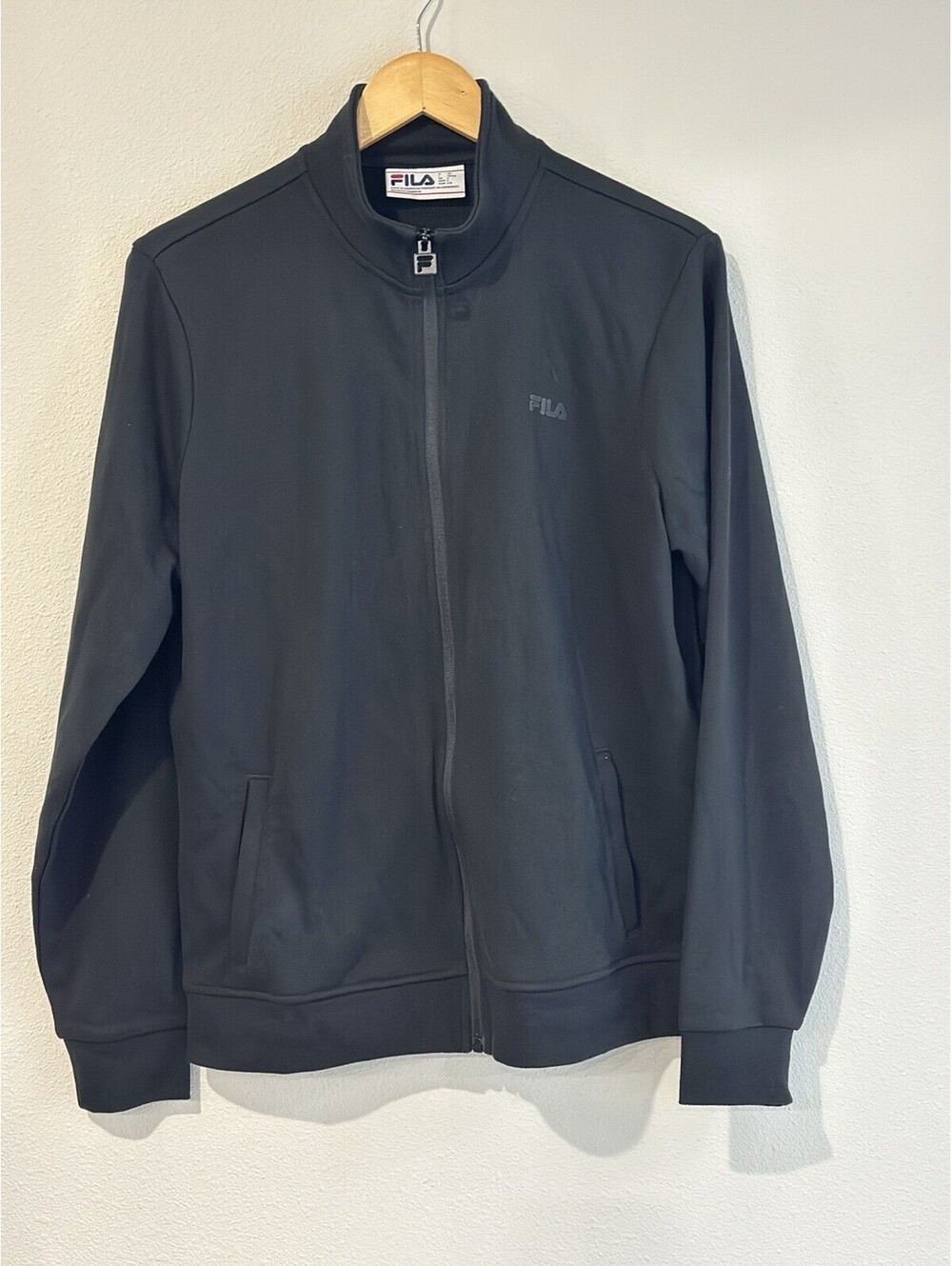 Sleek black FILA Full-Zip Mock-Neck French Terry Track Jacket, Size Large